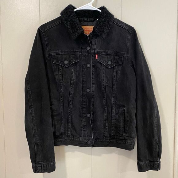 Levi’s Sherpa Collar Denim Jacket Men’s Large Black Trucker Jacket Lined Warm - Picture 1 of 9